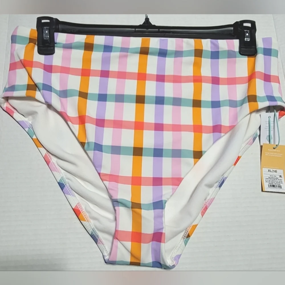 NWT! Kona Sol High-Waist Plaid Swim Bottoms Brief, Size XL (16)